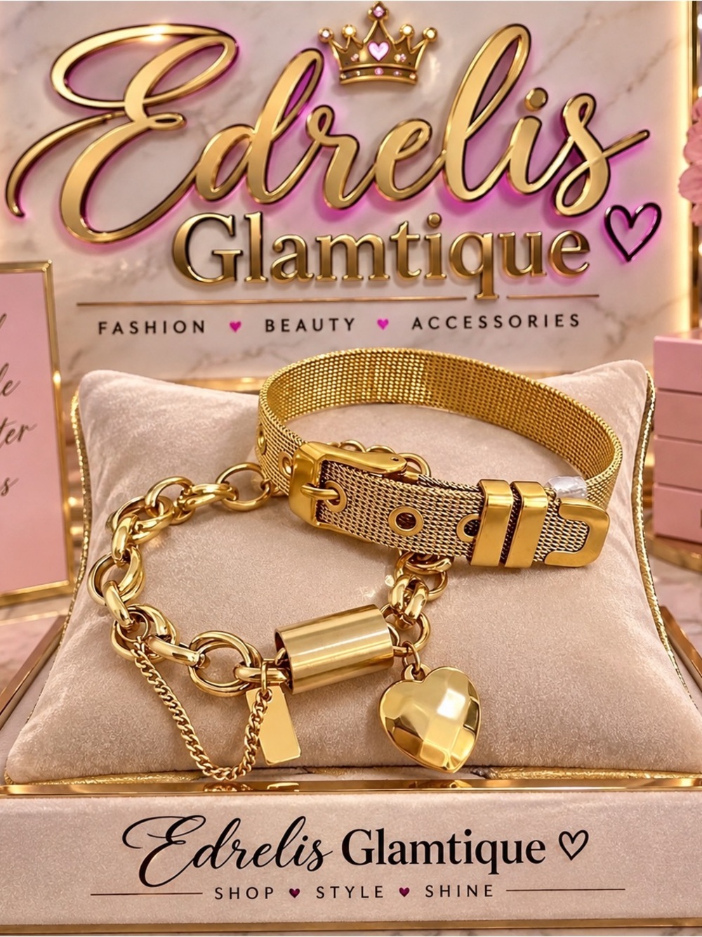 Gold Heart Lock Bracelet Set